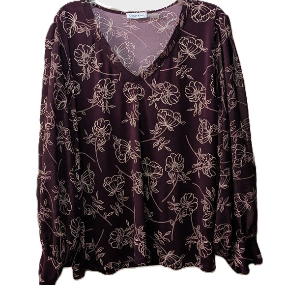 Calvin Klein Burgundy/Plum Floral V-neck Blouse - Picture 2 of 8